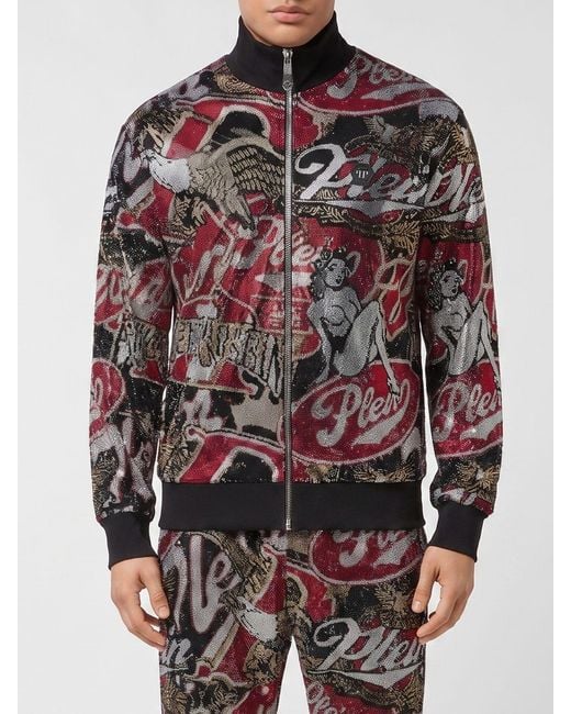 Philipp Plein Red High Neck Zip-Up Jersey Sweatshirt With Graphic Print And Rhinestones for men