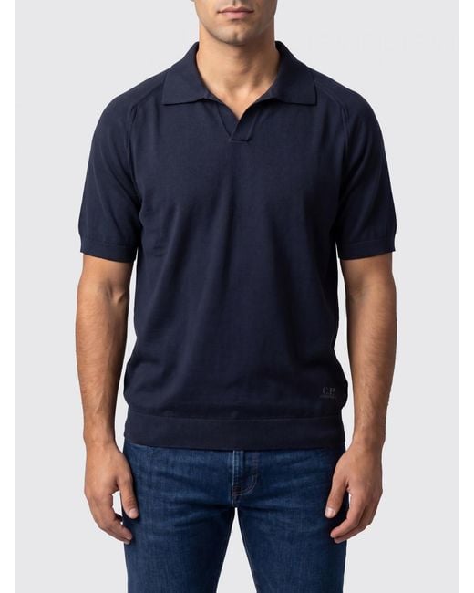 C P Company Blue V-Neck Cotton Knit Polo Shirt for men