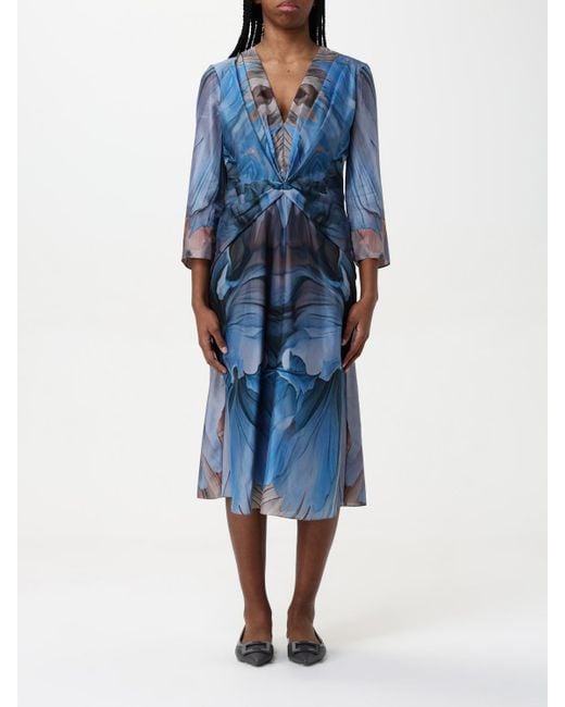 Alberta Ferretti Blue Silk Midi Dress Abstract Print
