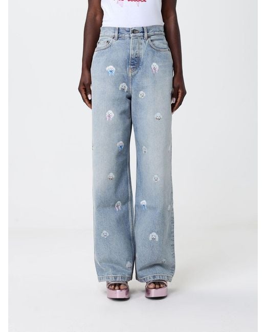 Fiorucci Blue Printed Denim Wide Leg Jeans