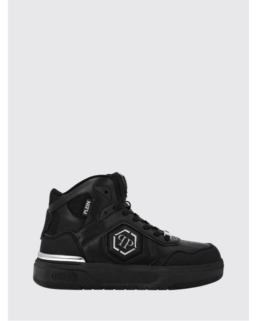 Philipp Plein Black Monogram Leather High-Top Sneakers With Hexagon Logo for men