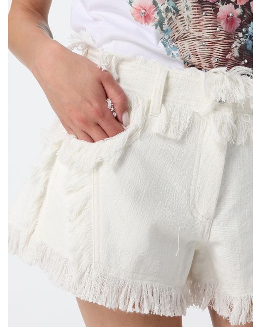 MSGM White Fringed Cotton Denim Shorts With Mid-Rise And Five Pockets
