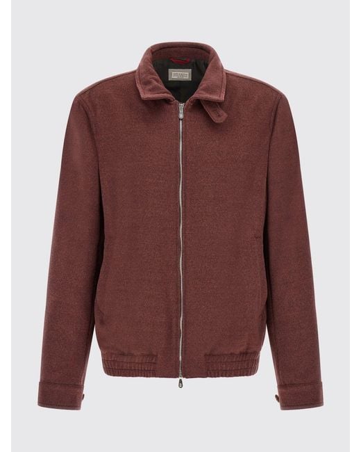 Brunello Cucinelli Red Wool Bomber Jacket With High Neck And Zip Closure for men