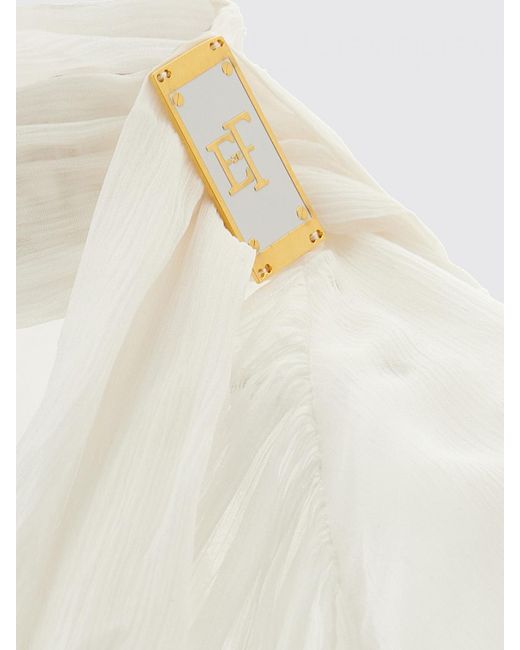 Elisabetta Franchi White Draped Crêpe Blouse With Scarf Neck And V-Neck