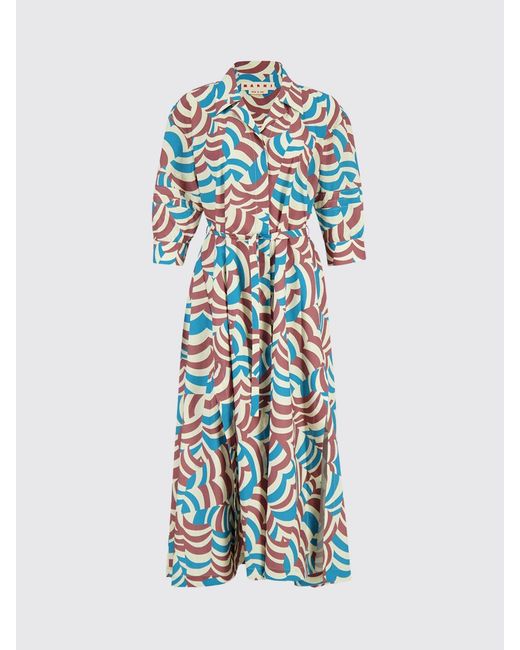 Marni Blue Wave Print Short-Sleeved Cotton Midi Shirt Dress