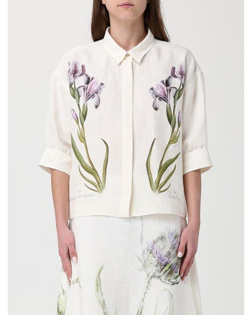 Alberta Ferretti Natural Linen Shirt With Floral Print