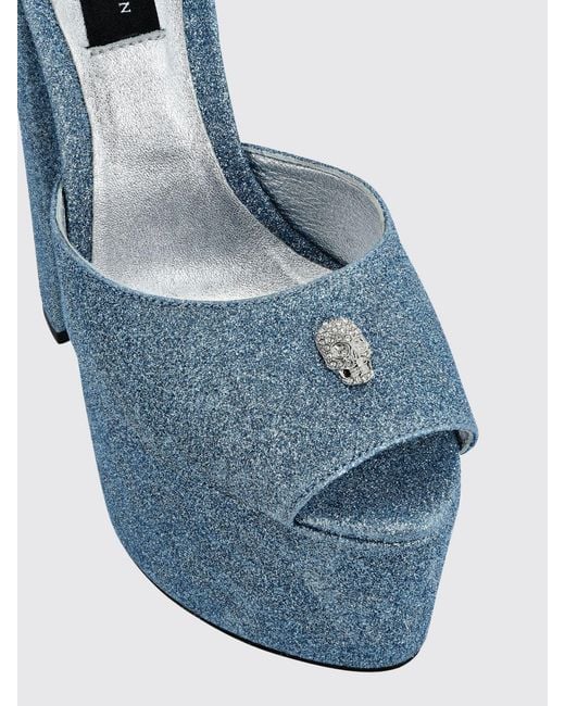 Philipp Plein Blue Glitter Leather Platform Sandals With High Heel And Skull