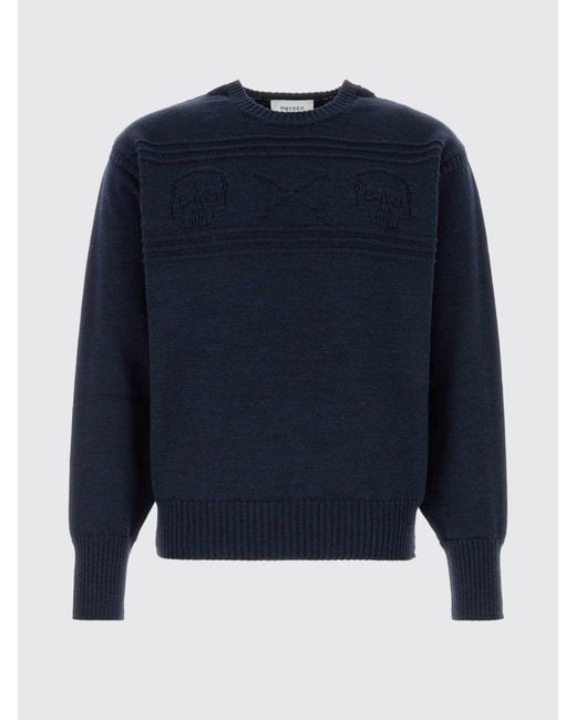 McQueen Blue Wool Crewneck Jumper With All-Over Skull Jacquard Motif for men