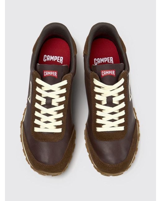 Camper Brown Drift Walk Leather And Suede Sneakers With Embroidered Logo