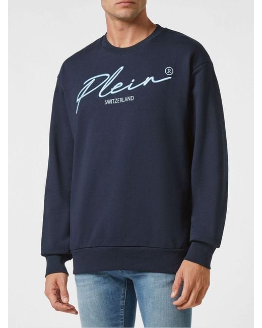 Philipp Plein Blue Cotton Crewneck Sweatshirt With Dropped Shoulders And Contrast Logo for men