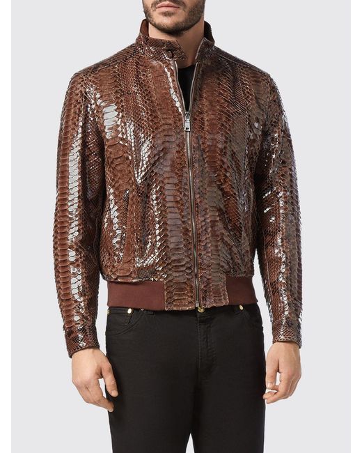 Billionaire Brown Snakeskin Leather Bomber Jacket With High Collar And Zip Closure for men