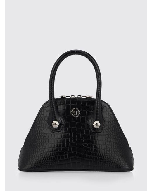 Philipp Plein Black Crocodile-Print Calfskin Leather Handbag With Hexagon Logo