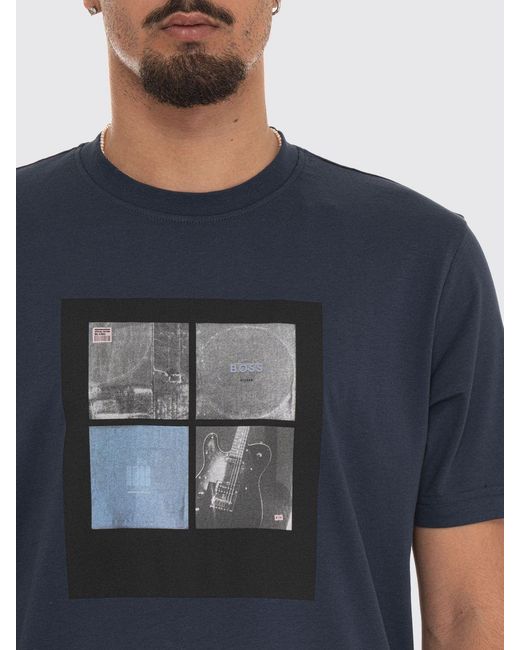Boss Blue Short-Sleeved Cotton T-Shirt With Graphic Print And Crew Neck for men