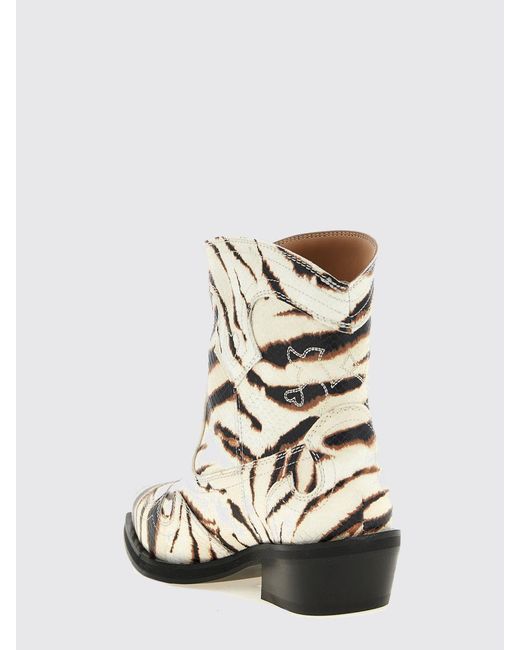 Ganni White Low-Shaft Zebra Print Cowboy Boots With An Almond Toe