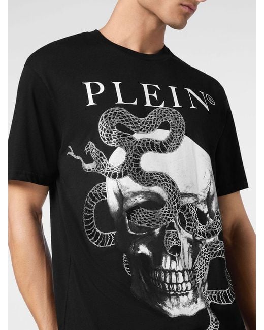 Philipp Plein Black Cotton T-Shirt With Skull Print And Rhinestone Embellishments for men