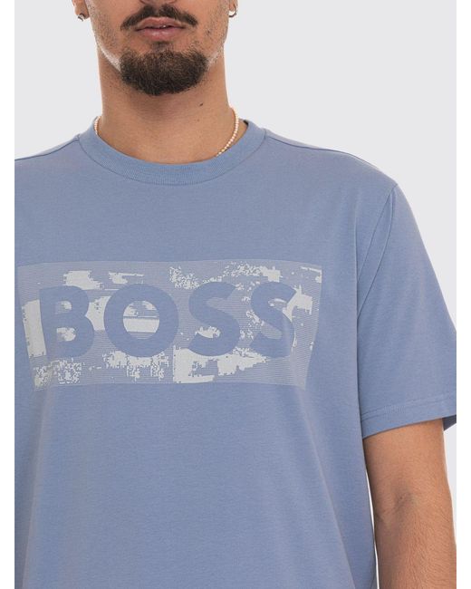 Boss Blue Cotton Crew-Neck T-Shirt With Printed Logo On The Chest for men