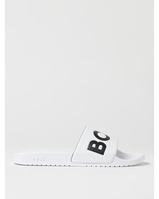 Boss White Rubber Sliders With Logo Print for men