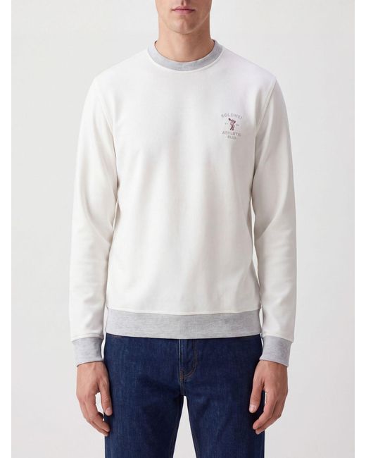 Brunello Cucinelli White Cotton Crewneck Sweatshirt With Contrast Embroidered Logo for men