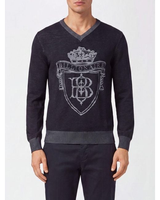 Billionaire Blue Wool And Silk V-Neck Jumper With A Jacquard Crest Logo for men