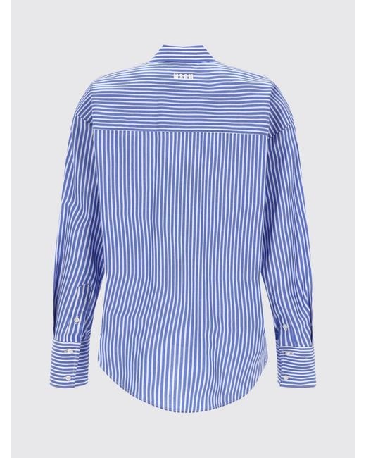 MSGM Blue Relaxed Fit Striped Cotton Poplin Shirt With Embroidered Logo