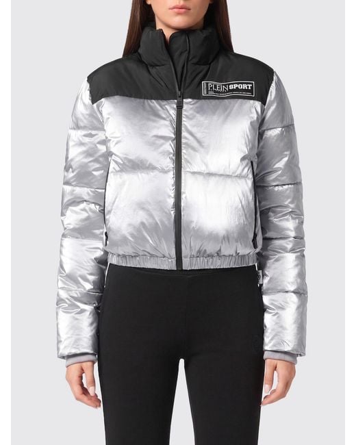 Philipp Plein Gray Bicolour Quilted Nylon Short Puffer Jacket With High Collar