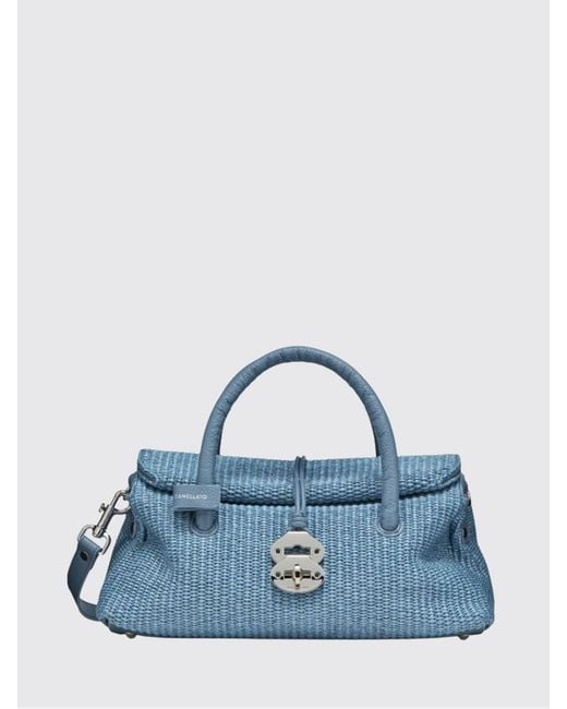 Zanellato Blue Dotta Small Wicker And Leather Bag