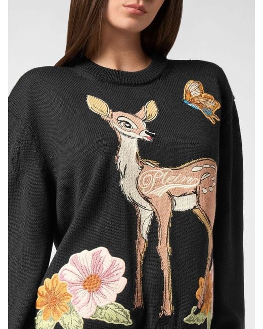 Philipp Plein Black Fairy Relaxed Fit Distressed Wool-Blend Crewneck Jumper