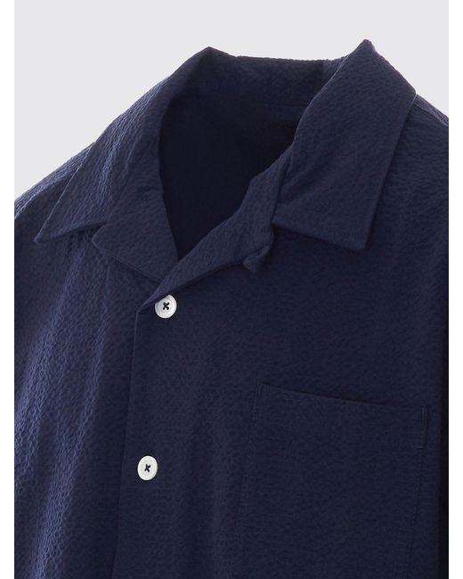 Howlin' By Morrison Blue Stretch-Cotton Bowling Shirt With Cuban Collar And Short Sleeves for men