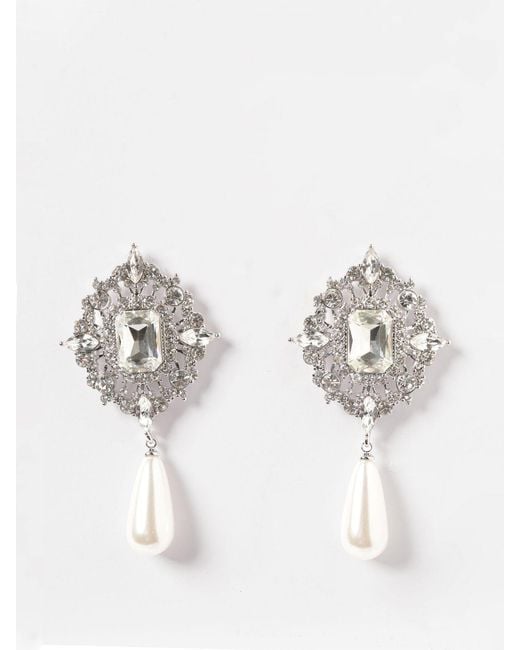 Self-Portrait White Brass Drop Earrings With Rhinestones And Synthetic Pearls
