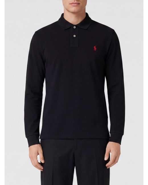 Polo Ralph Lauren Blue Long-Sleeved Slim-Fit Cotton Polo Shirt With Pony Logo for men