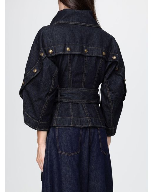Zimmermann Blue Valiant Cropped High-Neck Denim Jacket With Asymmetric Fastening
