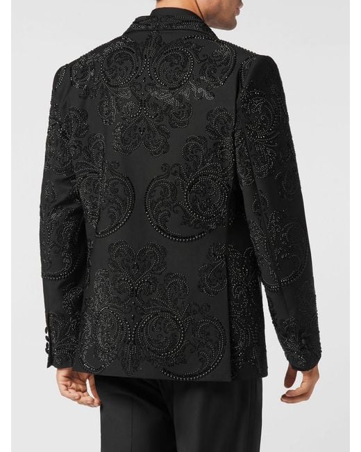 Philipp Plein Black Single-Breasted Wool Blazer With Crystal Embroidery for men