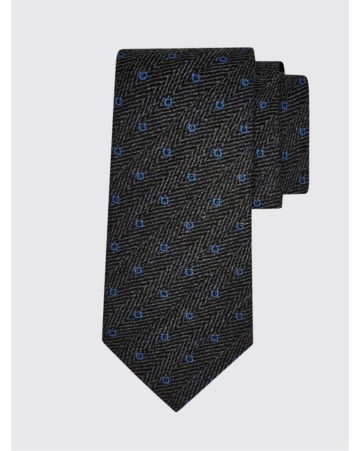 Ferragamo Black Gancini Silk And Wool Tie With Chevron Monogram Pattern for men