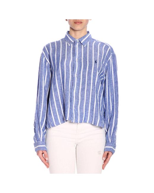 Polo Ralph Lauren Blue Striped Cropped Linen Shirt