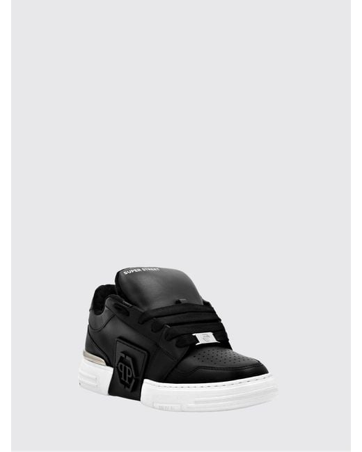 Philipp Plein Black Super Street Leather Sneakers With Rubber Hexagon Logo for men