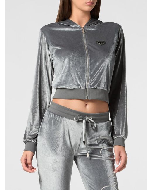 Philipp Plein Gray Cropped Velvet Zip-Up Hoodie With Rhinestone Logo Detail