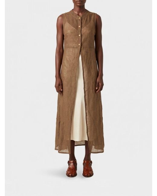 LeKasha Natural Sleeveless Abstract Print Linen Midi Shirt Dress