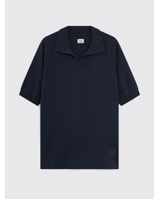 C P Company Blue V-Neck Cotton Knit Polo Shirt for men