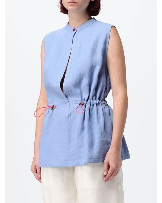 Giorgio Armani Blue Sleeveless Hemp Top With Crew Neck And Drawstring Waist