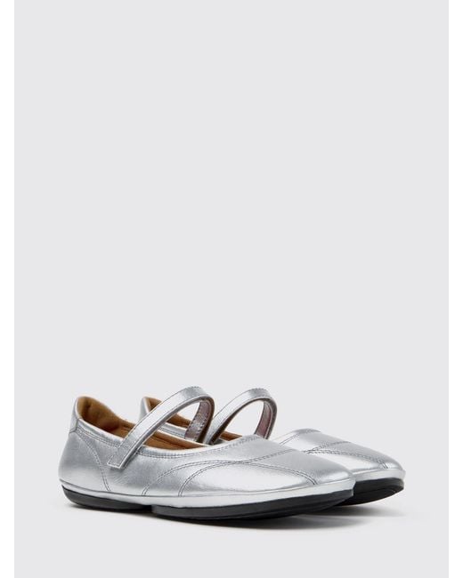 Camper White Right Nina Laminated Leather Mary Jane Flats With Hook-And-Loop Closure