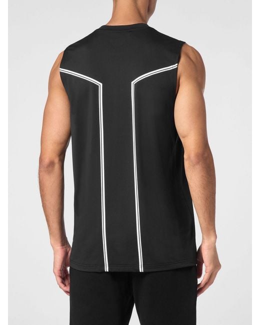 Philipp Plein Black Sleeveless Cotton Tank Top With Contrasting Front Logo Print for men