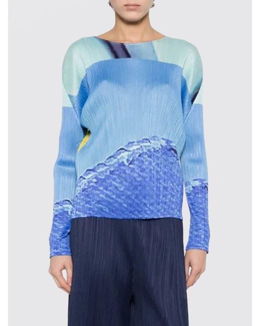 Pleats Please Issey Miyake Blue City Collage Pleated Crêpe Top