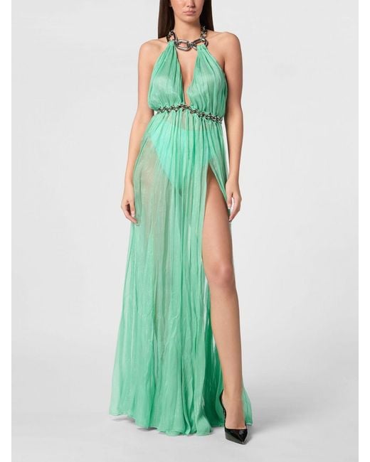 Philipp Plein Green Long Chiffon Evening Gown With Halter Neck And Slit