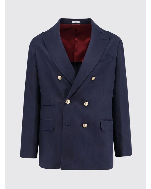 Brunello Cucinelli Blue Double-Breasted Silk And Linen Blazer for men