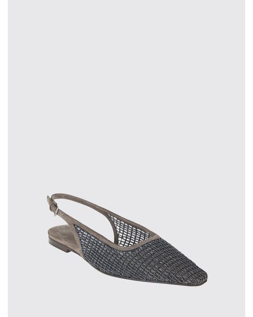 Brunello Cucinelli Gray Mesh Net And Suede Slingback Ballerinas With Monili
