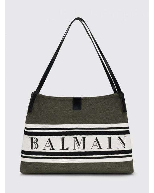 Balmain Black Jacquard Logo Cotton Shoulder Bag With Double Leather Handles