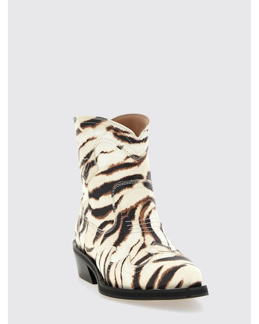 Ganni White Low-Shaft Zebra Print Cowboy Boots With An Almond Toe