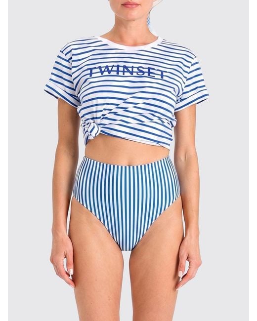 Twinset Blue Striped Cotton T-Shirt With Logo