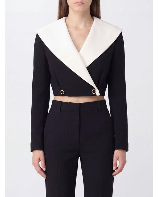 Alessandra Rich Blue Bicolor Double-Breasted Cropped Virgin Wool Blazer