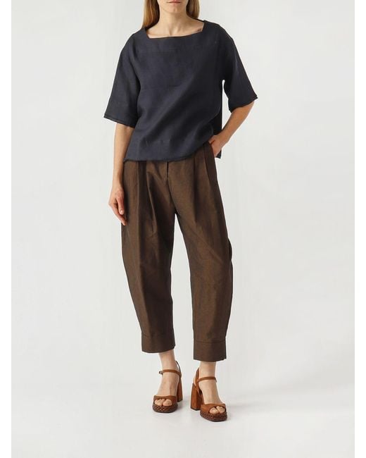 PT Torino Brown Cropped Fit Cotton And Linen Trousers